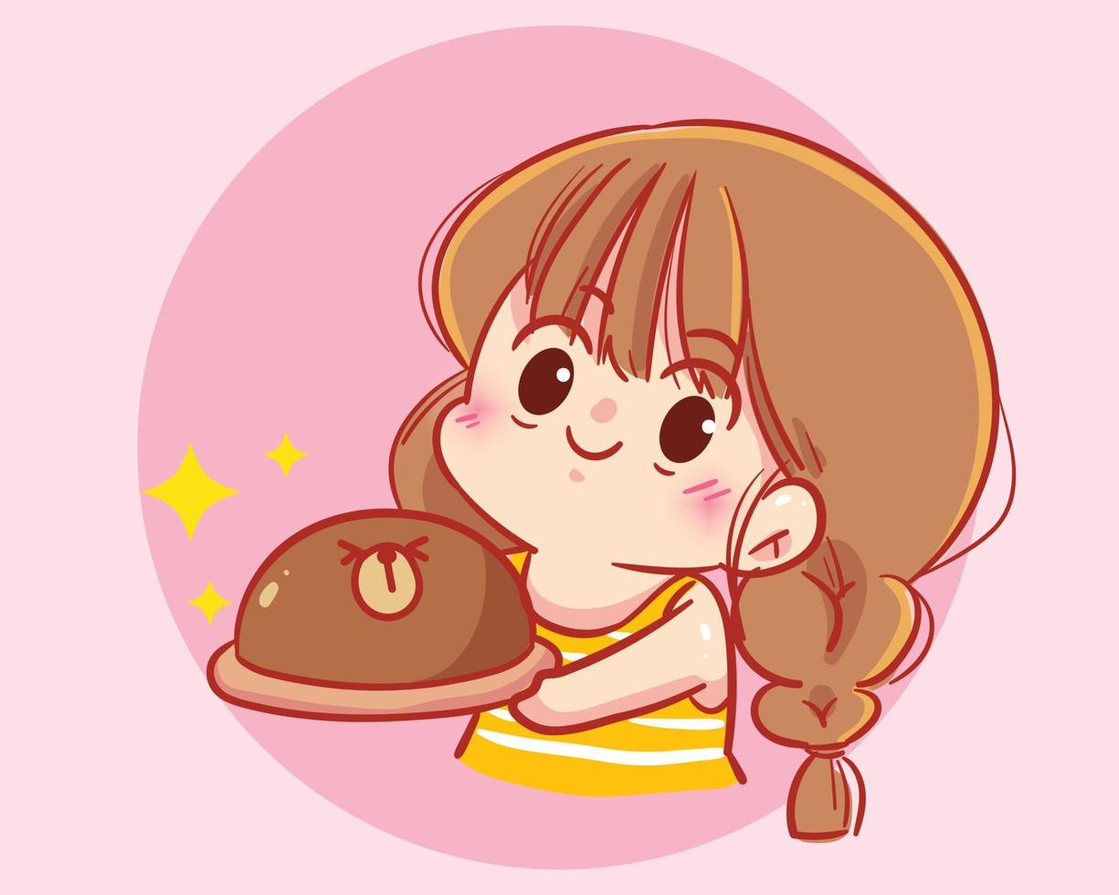linda chica sosteniendo pastel comida dulce celebración de cumpleaños personaje dibujado a mano ilustración de arte de dibujos animados vector