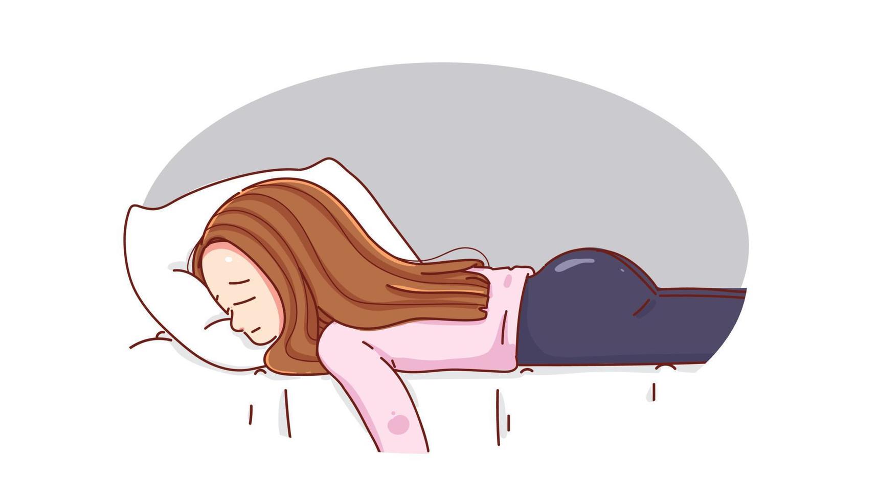 Young woman falling into bed and feeling sad tired and worried suffering depression cartoon hand drawn cartoon art illustration vector