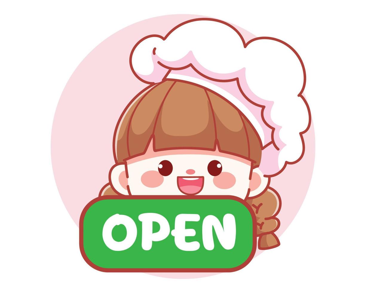 Cute girl chef holding green open sign banner logo cartoon art illustration vector