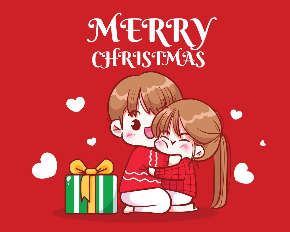 Couple hugging under the christmas tree on christmas holiday celebration hand drawn cartoon art illustration vector