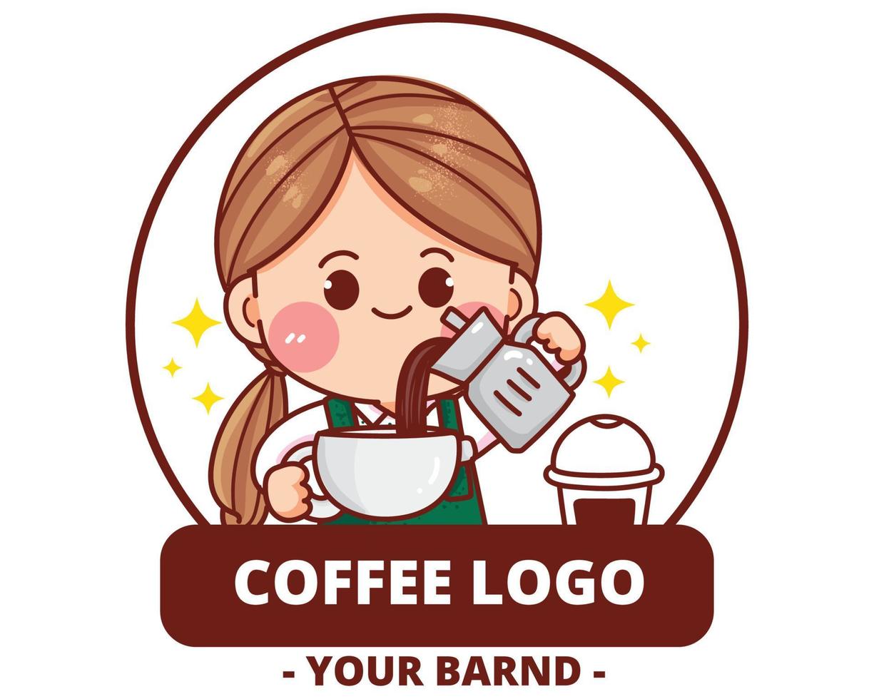 Cute girl coffee shop logo hand drawn cartoon art illustration vector