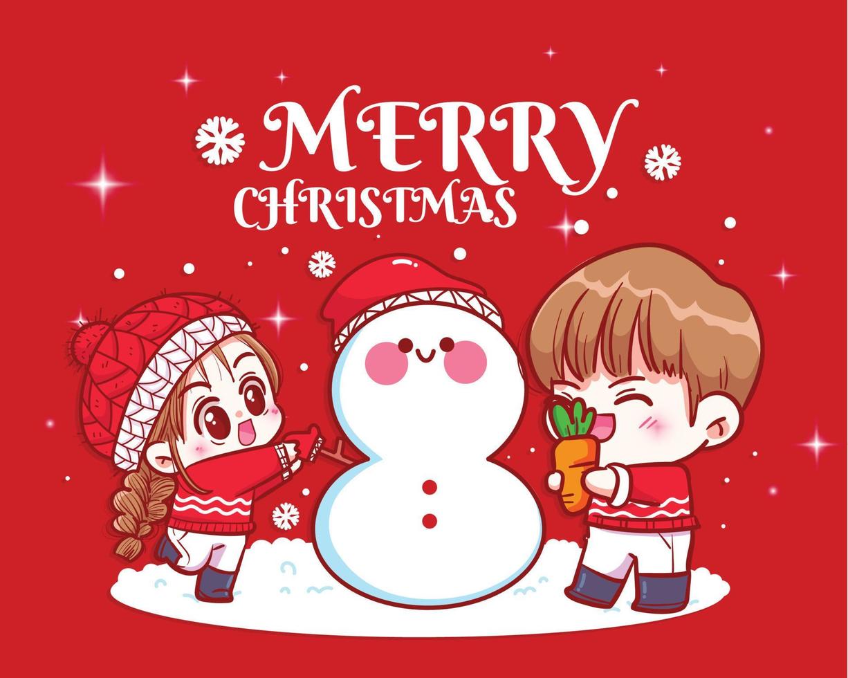 Couple making snowman together on christmas day hand drawn cartoon art illustration vector