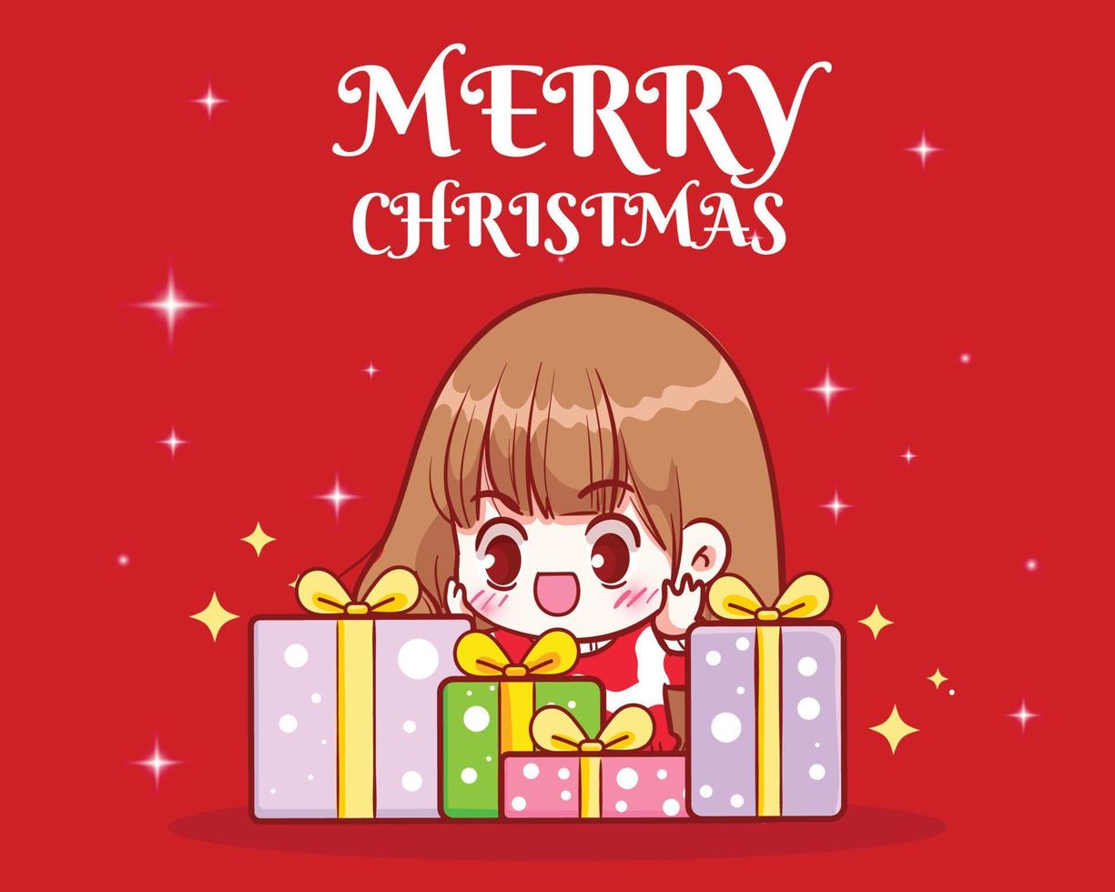 linda chica sorprendida de caja de regalo de navidad en celebración navideña ilustración de arte de dibujos animados dibujados a mano vector