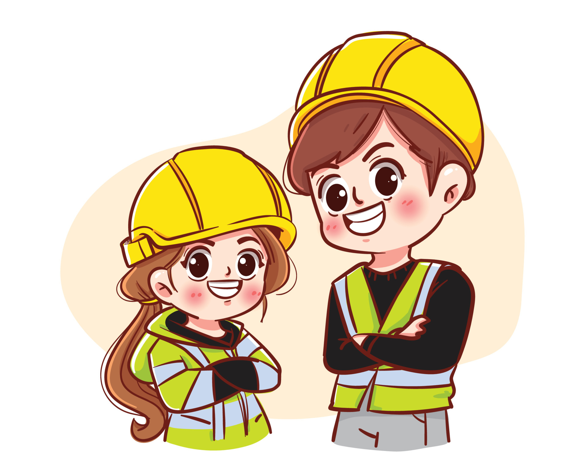 Safety man and safety woman concept maintain security in factories or  construction sites cartoon hand drawn cartoon art illustration 4698353  Vector Art at Vecteezy