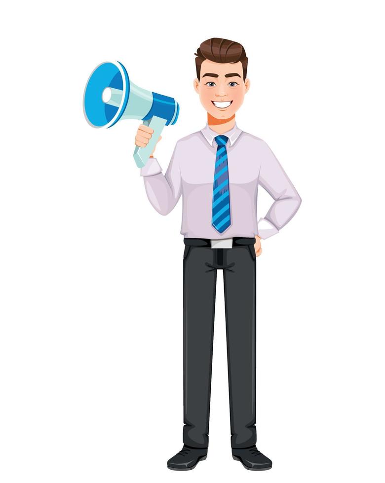 Handsome business man holding loudspeaker vector