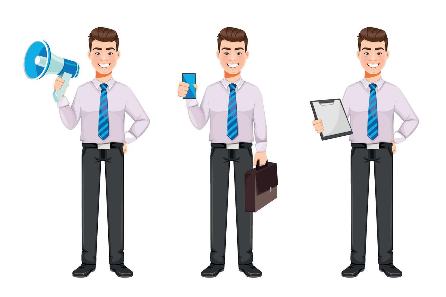 Handsome business man, set of three poses vector