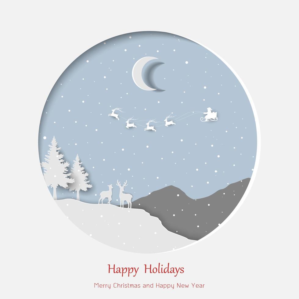 Concept of paper art winter forest on night scene with deer family vector