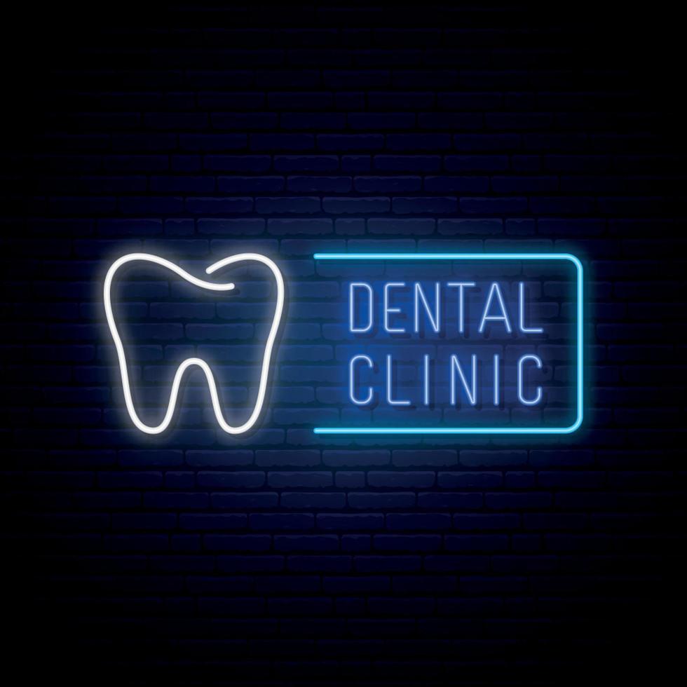 Shine neon text and tooth sign. vector