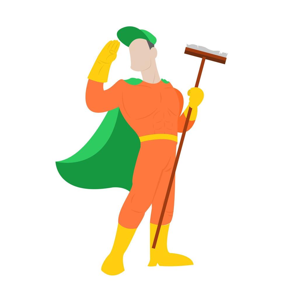 superhéroe limpiador con traje naranja y capa verde vector