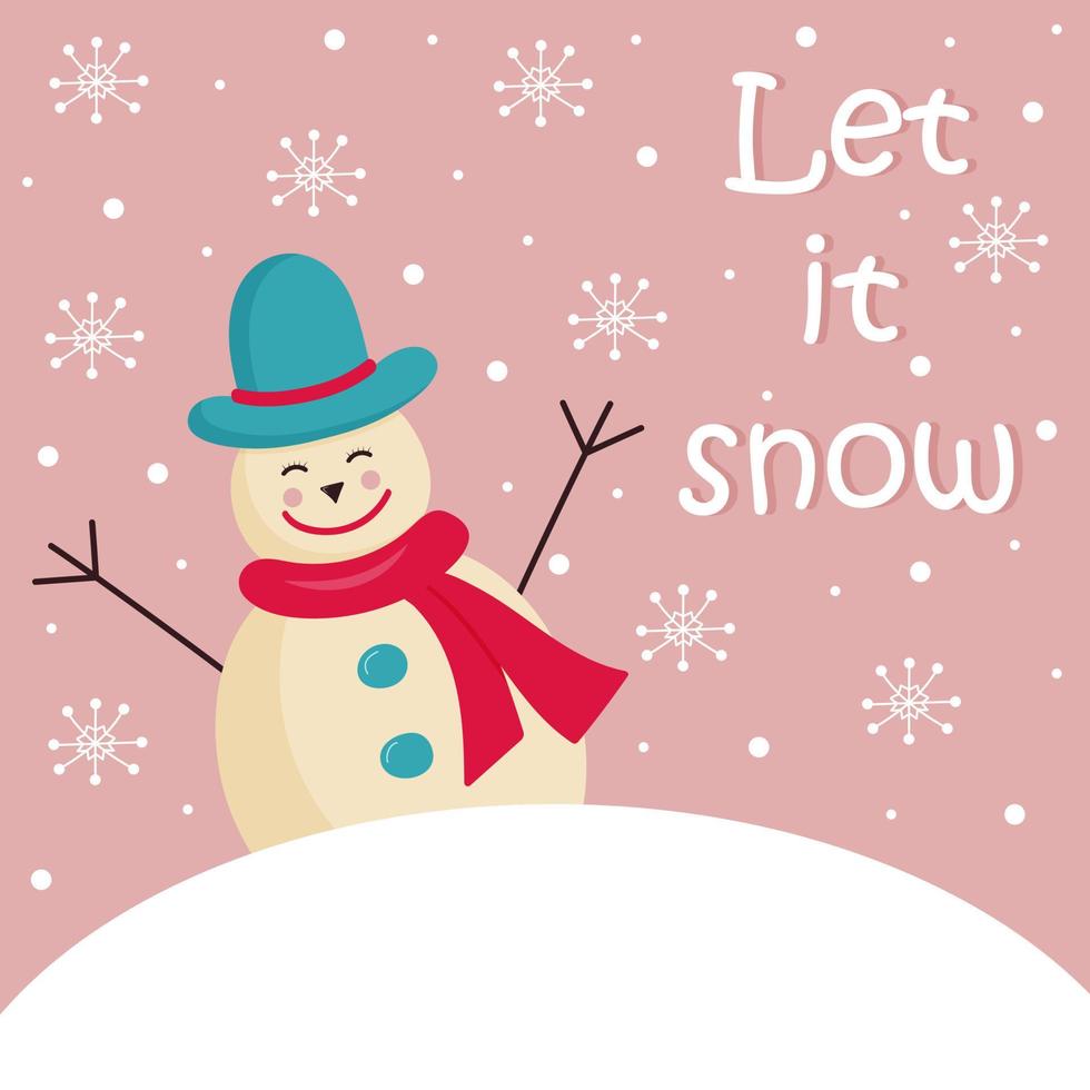 Snowman in a hat and scarf peeking out from behind a snowball. Let it snow text. vector