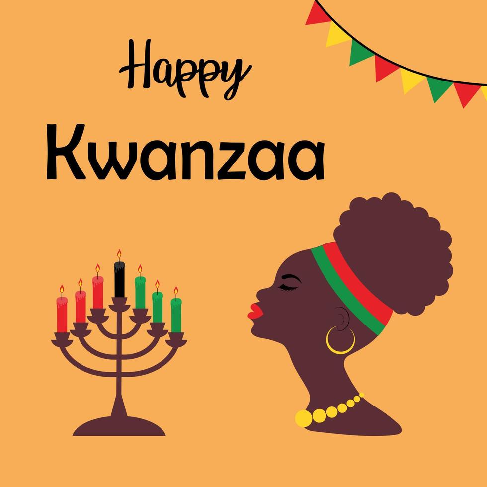 mujer africana con siete velas en un candelero. feliz tarjeta de felicitación de kwanzaa. vector