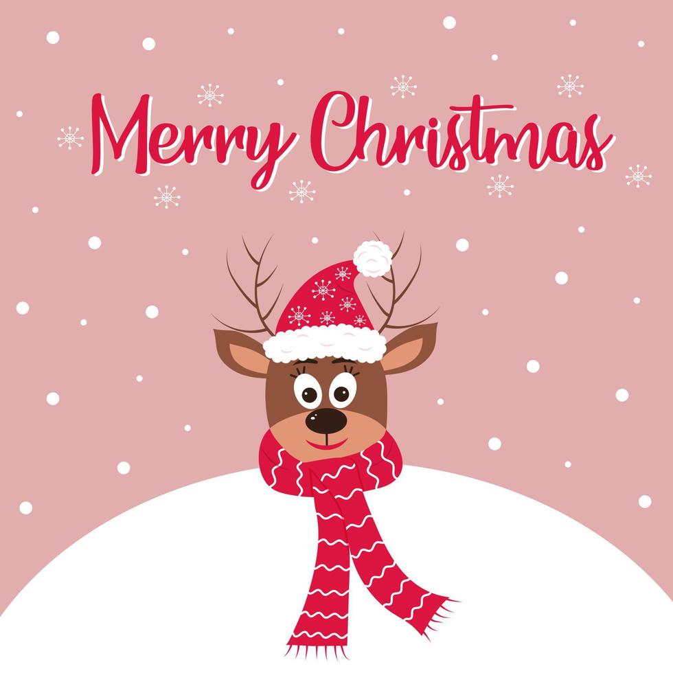 Christmas deer in a hat and scarf peeking out from behind a snowball. Merry Christmas text. vector