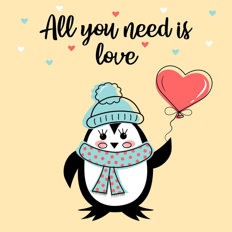 S t. Tarjeta del día de San Valentín con lindo pingüino con sombrero y bufanda y globo de corazón. todo lo que necesitas es texto de amor. vector