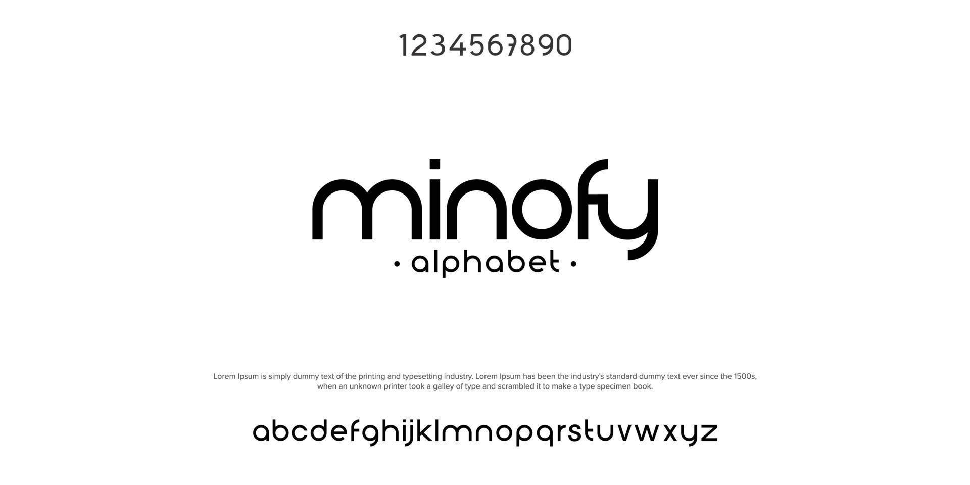 minofy futuristic minimalist display font design, alphabet, typeface, letters and numbers, typography. vector