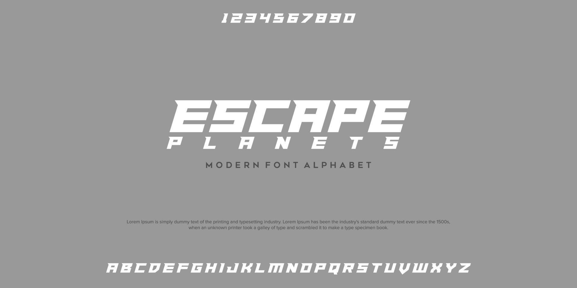 Escape planets fuentes del alfabeto urbano moderno abstracto. tipografía deporte, simple, tecnología, moda, digital, futura fuente de logotipo creativo. ilustración vectorial vector