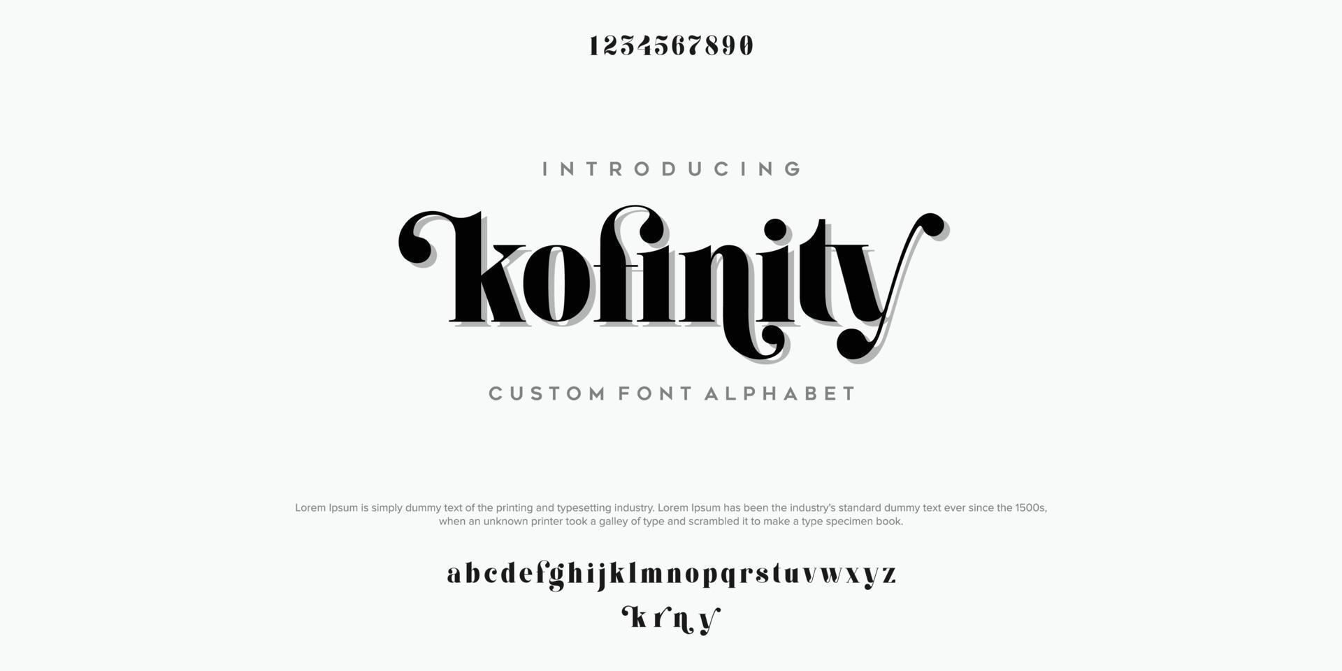 Alfabeto de fuente de moda abstracta de kofinity. fuentes urbanas modernas mínimas para logotipo, marca, etc. tipografía tipografía mayúscula minúscula y número. ilustración vectorial vector