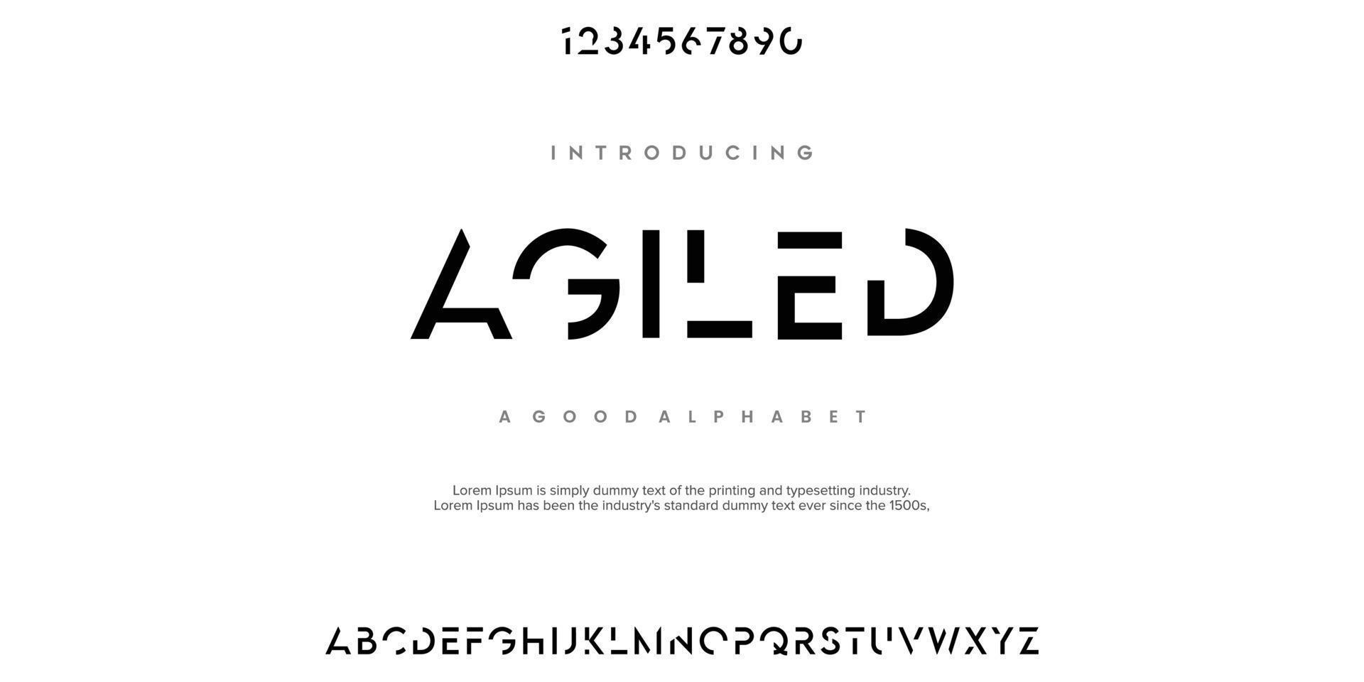 AGILED Modern minimal abstract alphabet fonts. Typography technology, electronic, movie, digital, music, future, logo creative font. vector illustration