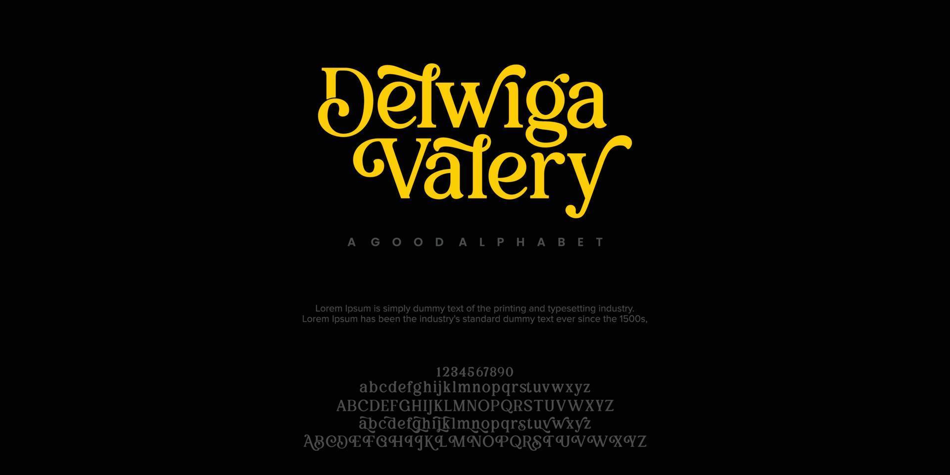 Ilustración de vector de fuente de diseño clásico de Delwiga Velery Serif de letras del alfabeto.