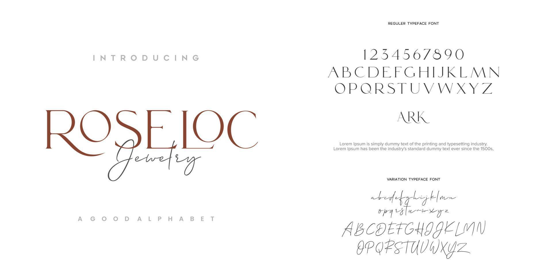 ROSELOC Abstract Fashion font alphabet. Minimal modern urban fonts for logo, brand etc. Typography typeface uppercase lowercase and number. vector illustration