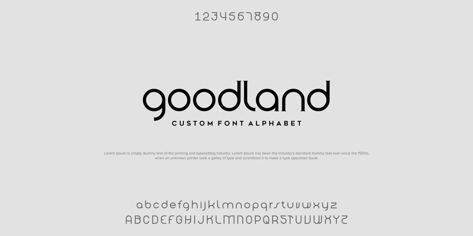 Goodland futuristic minimalist display font design, alphabet, typeface, letters and numbers, typography. vector