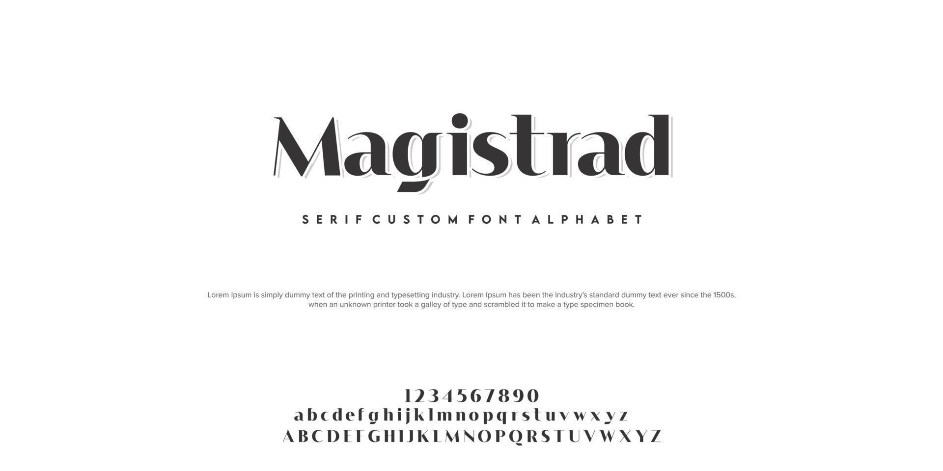 Magistrad alfabeto de fuente de moda abstracta. fuentes urbanas modernas mínimas para logotipo, marca, etc. tipografía tipografía mayúscula minúscula y número. ilustración vectorial vector