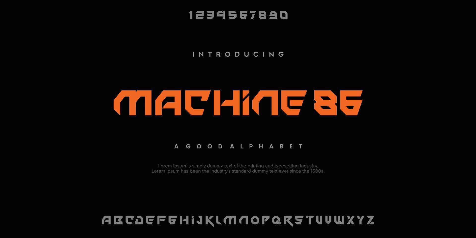 machine 86 futuristic minimalist display font design, alphabet, typeface, letters and numbers, typography. vector