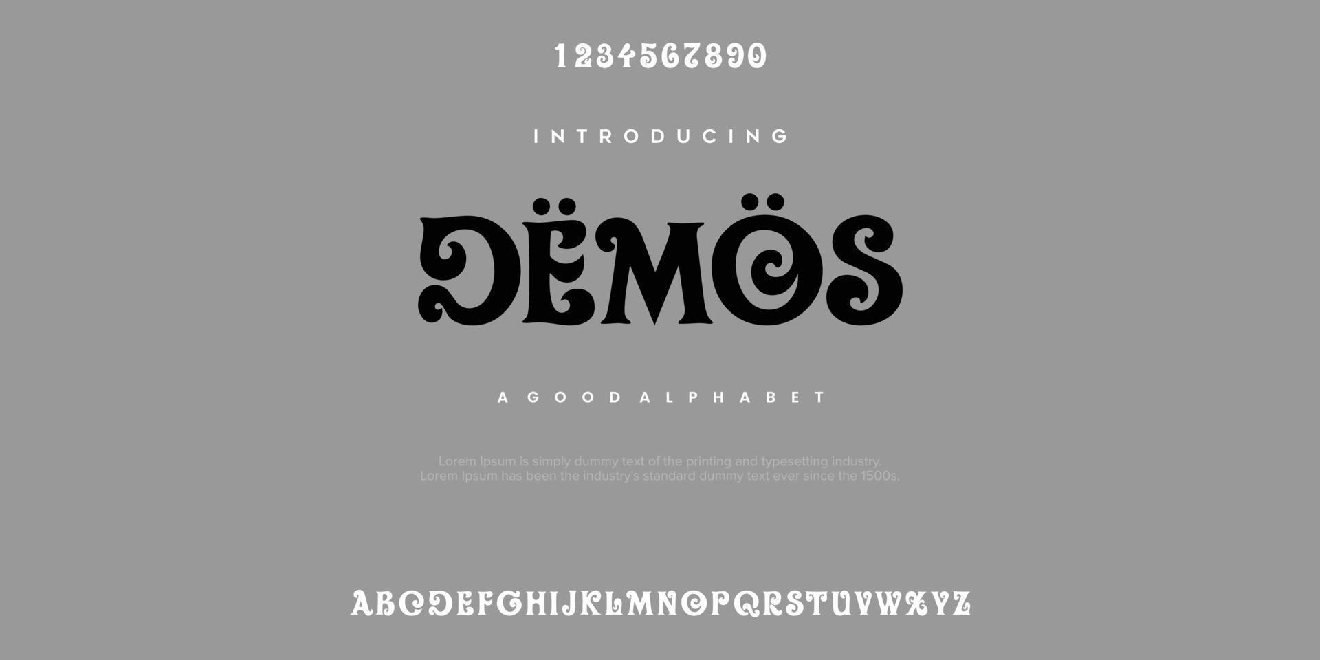 Demos Abstract Fashion font alphabet. Minimal modern urban fonts for logo, brand etc. Typography typeface uppercase lowercase and number. vector illustration