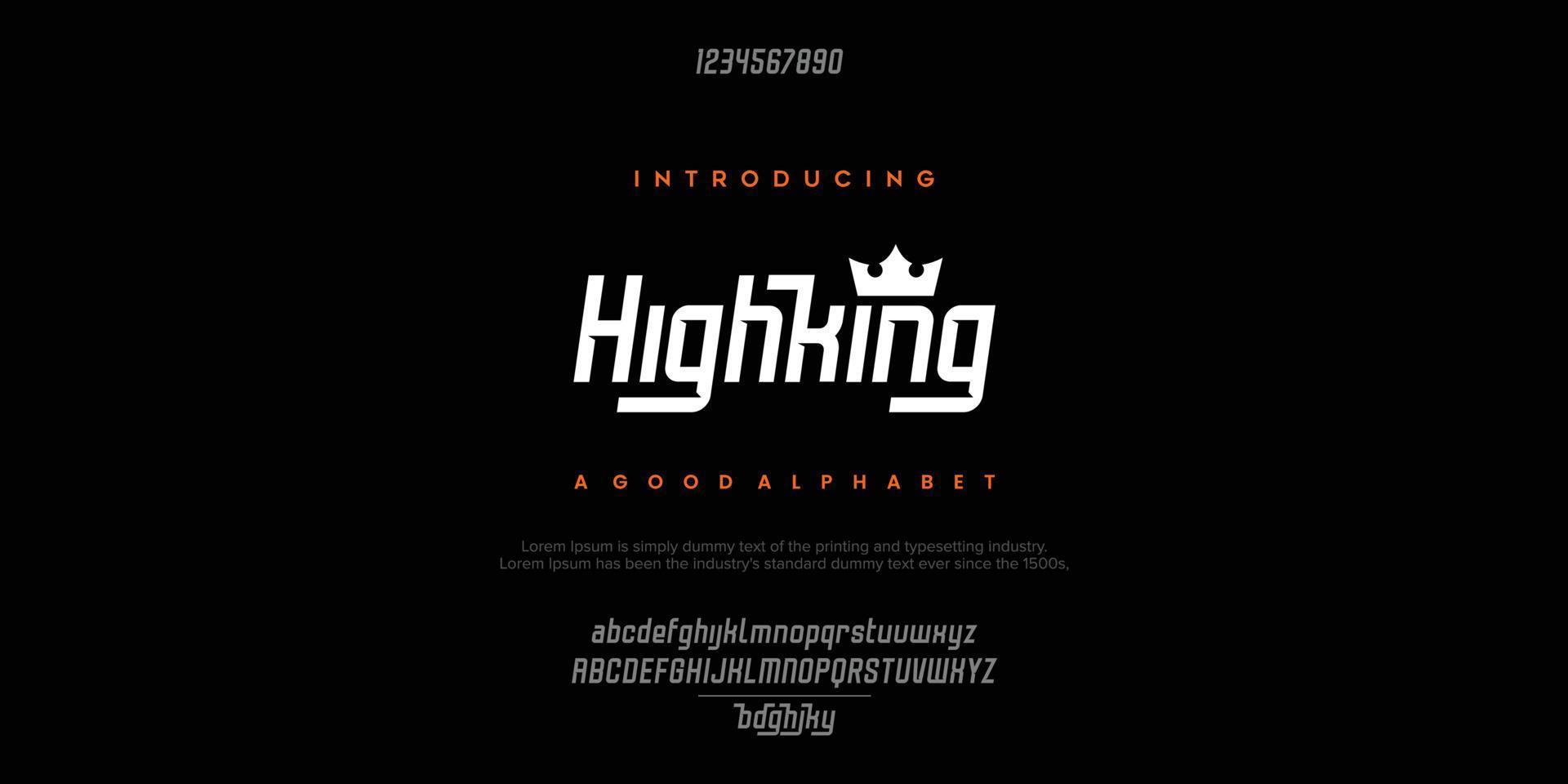 highking futurista diseño de fuente de pantalla minimalista, alfabeto, tipo de letra, letras y números, tipografía. vector