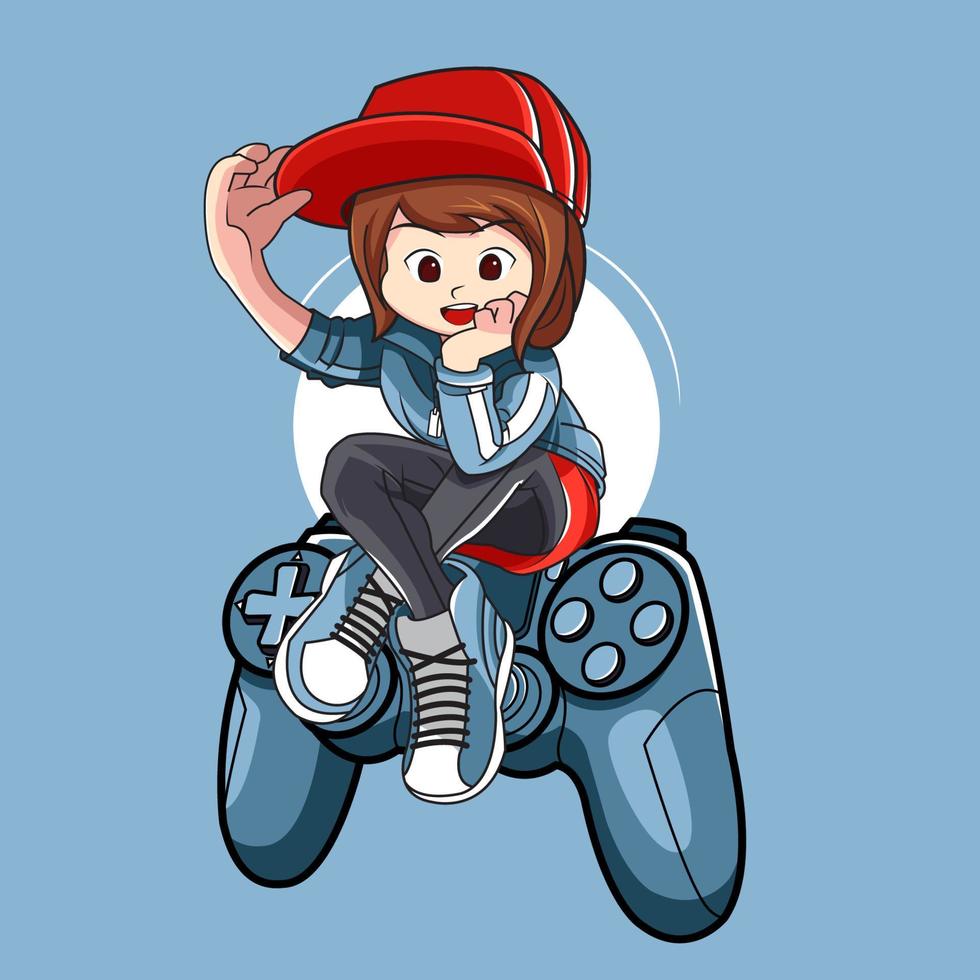 Cute girl sitting on game controller vector icon illustration pro download