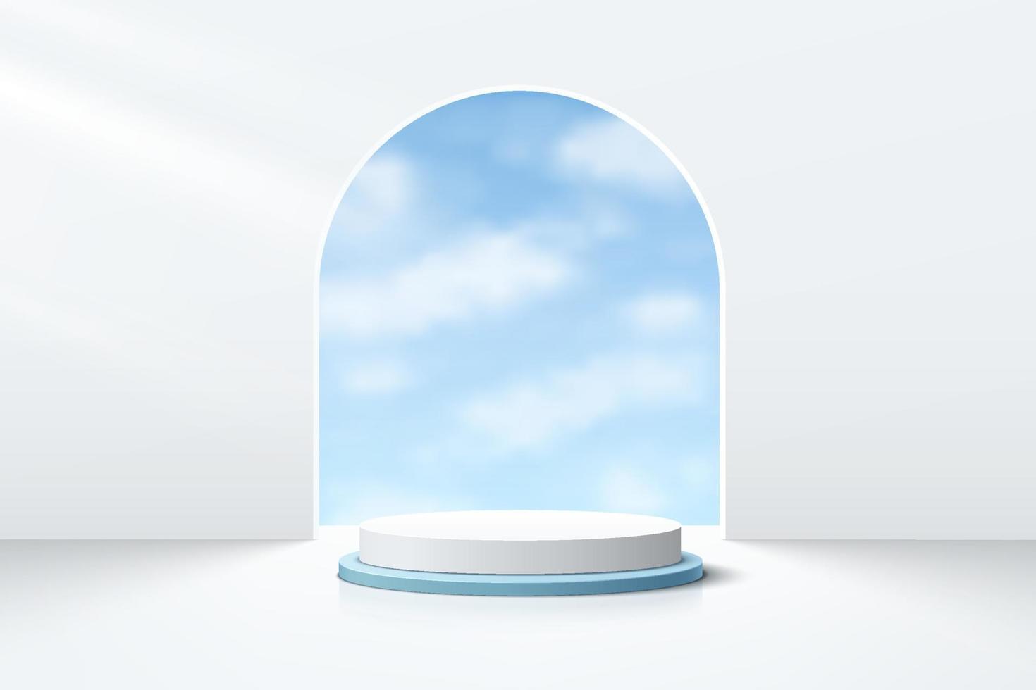 White and blue realistic cylinder pedestal podium with cloud blue sky in the arch door. Vector abstract studio room with 3D geometric platform. Minimal scene for products showcase, Promotion display.