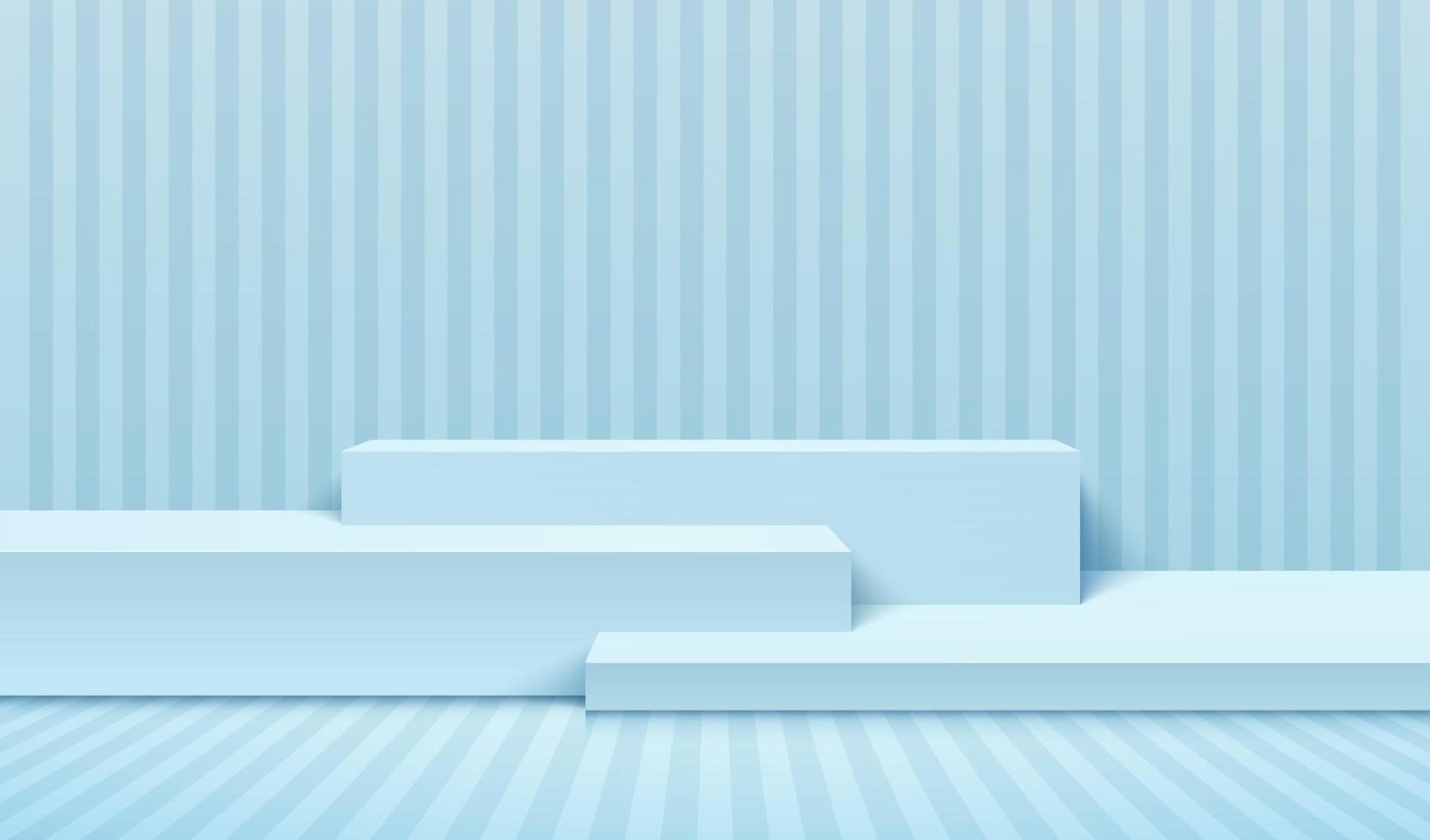 Realistic steps light blue cubes pedestal podium with blue stripes in perspective. Vector abstract studio room with 3D geometric platform. Pastel minimal scene for products showcase, Promotion display