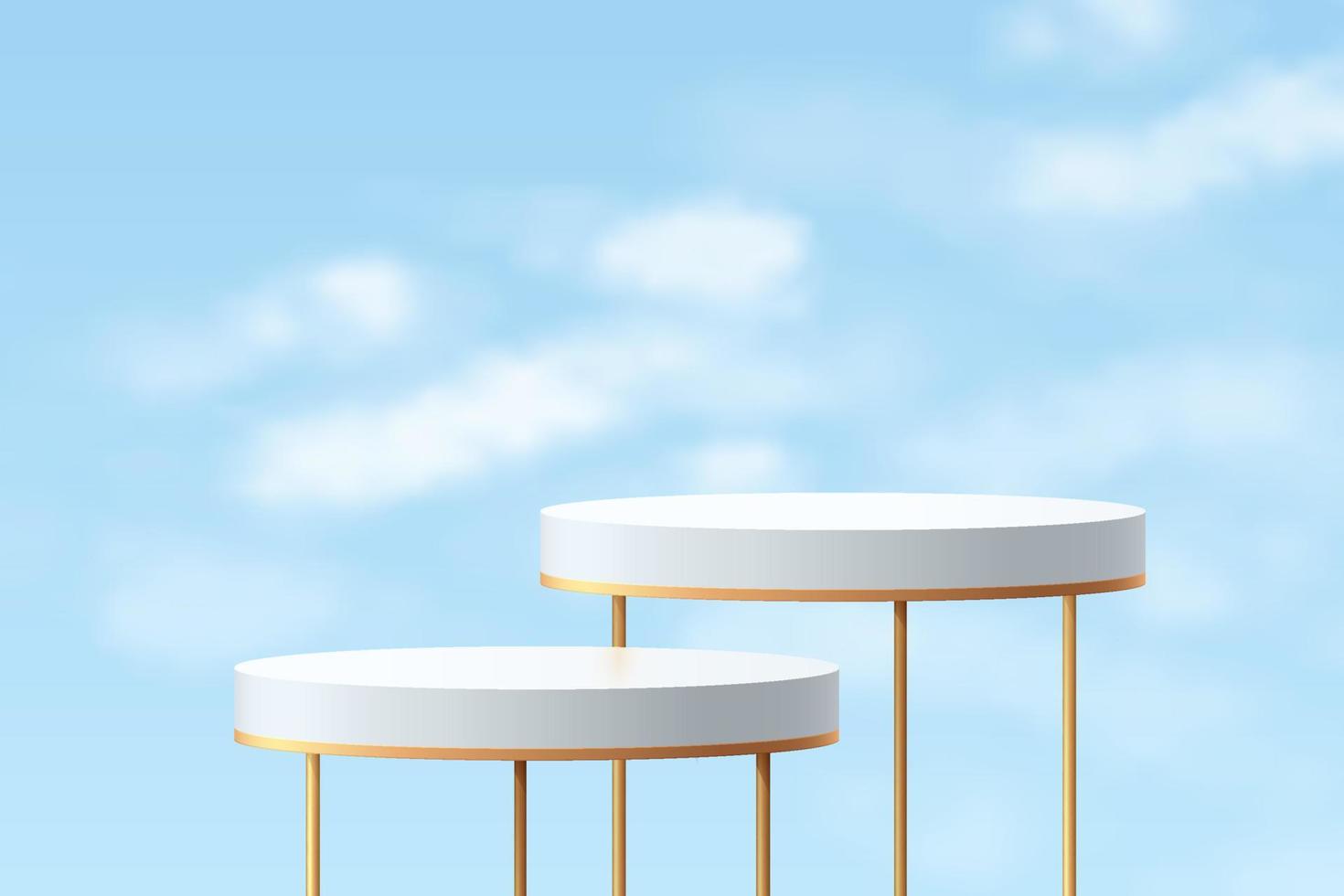 Realistic 3D white cylinder podium set with golden easel. Blue sky minimal scene for products showcase, Promotion display. Vector abstract studio room with geometric platform design. Vector  EPS10