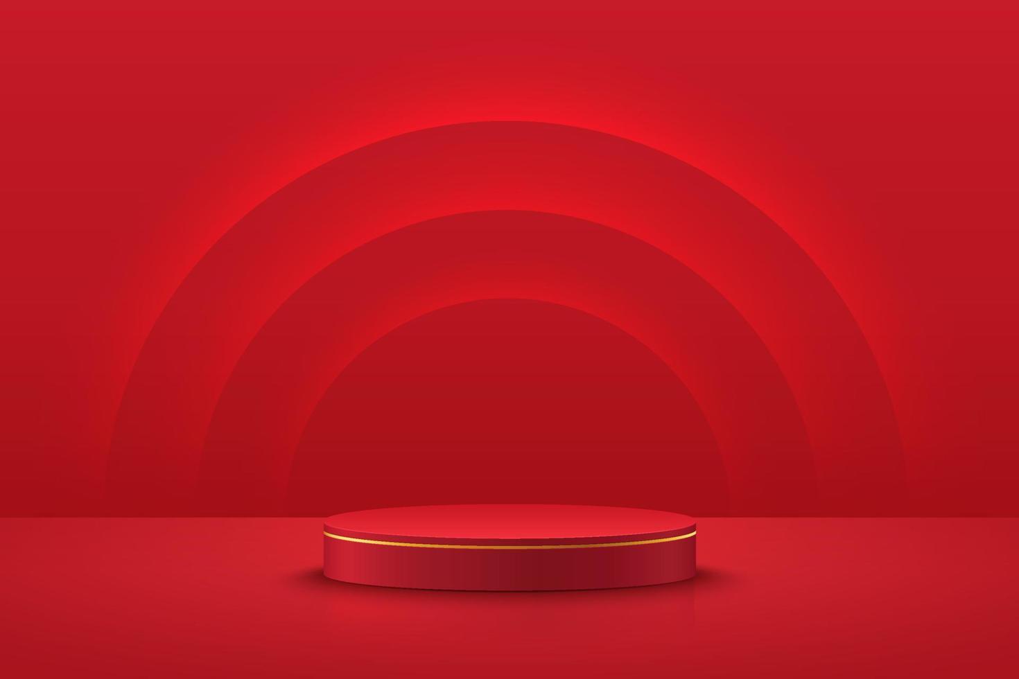 Red realistic 3D cylinder pedestal podium with glowing light semi circle backdrop. Red minimal wall scene for products showcase, Promotion display. Vector abstract studio room with geometric platform.