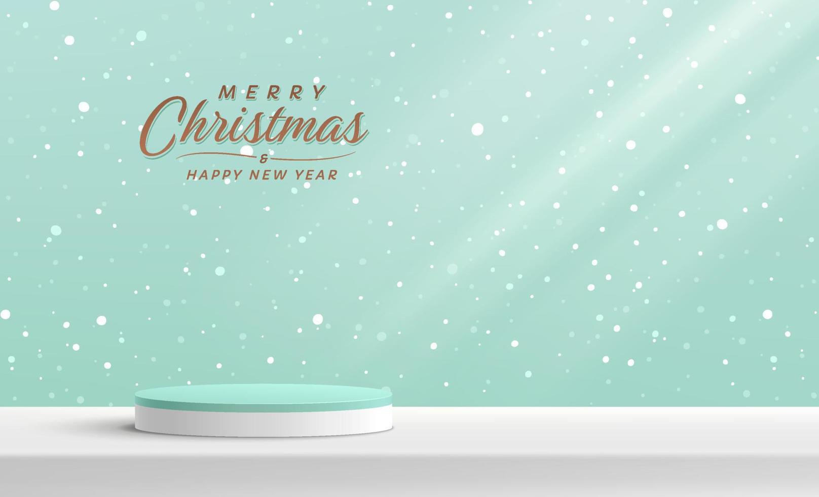 White and green realistic 3D cylinder pedestal podium with snowflakes pattern background. Christmas scene for products showcase, Promotion display. Vector abstract studio room with geometric platform.