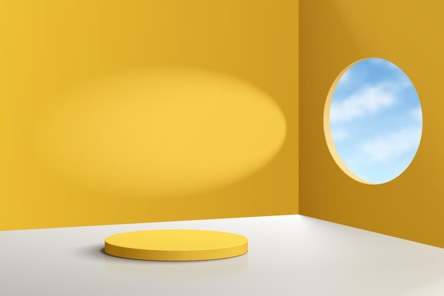 Yellow realistic 3D cylinder pedestal podium with blue sky in circle window. Pastel minimal scene for products showcase, Promotion display. Vector abstract studio room with geometric platform design.