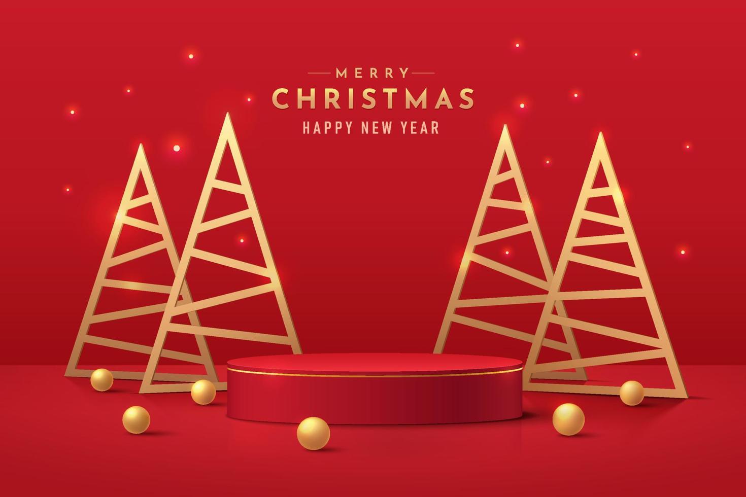Red realistic 3d cylinder pedestal podium with golden triangle christmas tree and sphere balls. Minimal merry christmas scene for Promotion display, Product showcase. Vector abstract studio room.