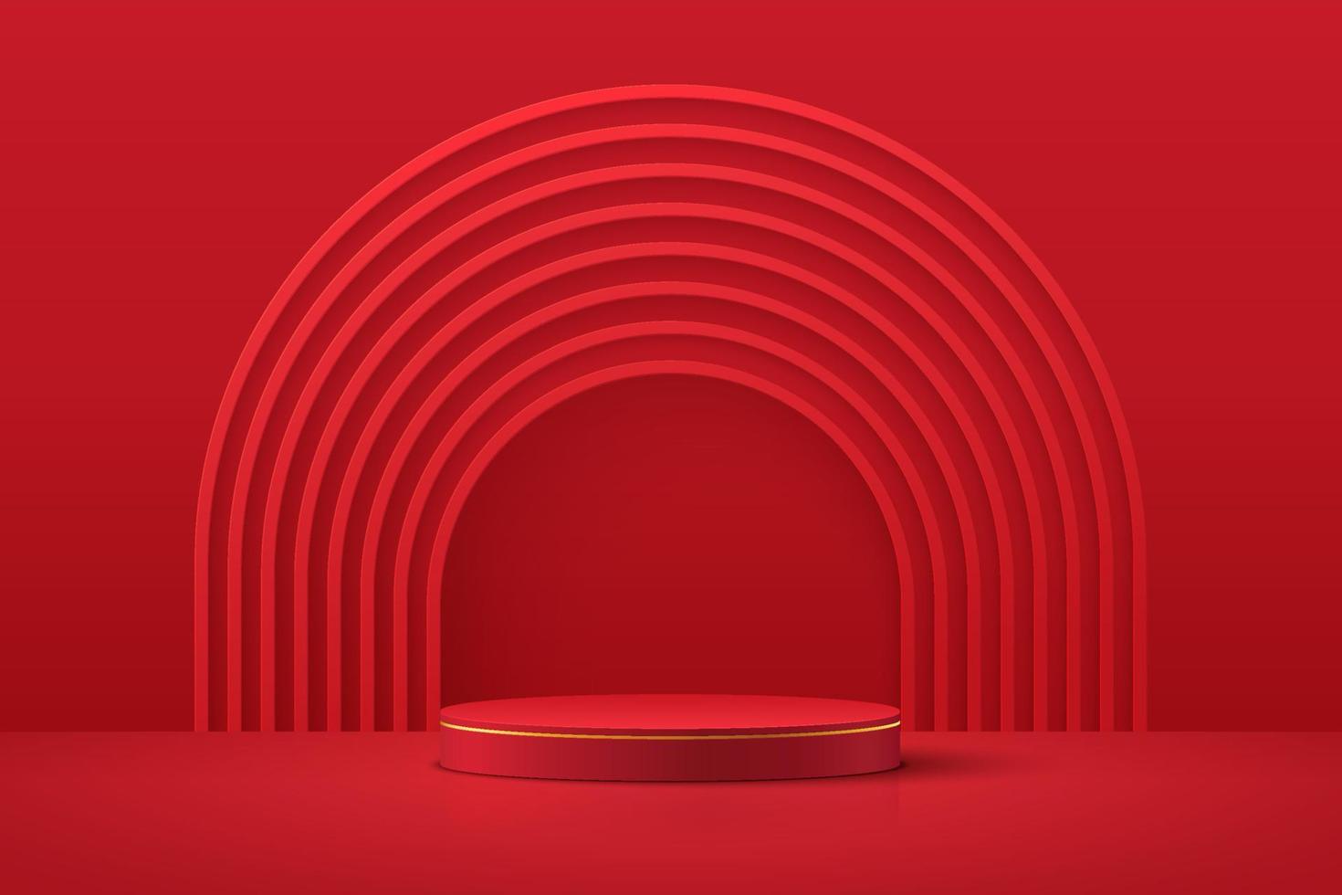 Red and gold realistic 3D cylinder pedestal podium with layers arch shape backdrop. Vector abstract studio room with platform design. Red luxury minimal scene for products showcase, Promotion display.