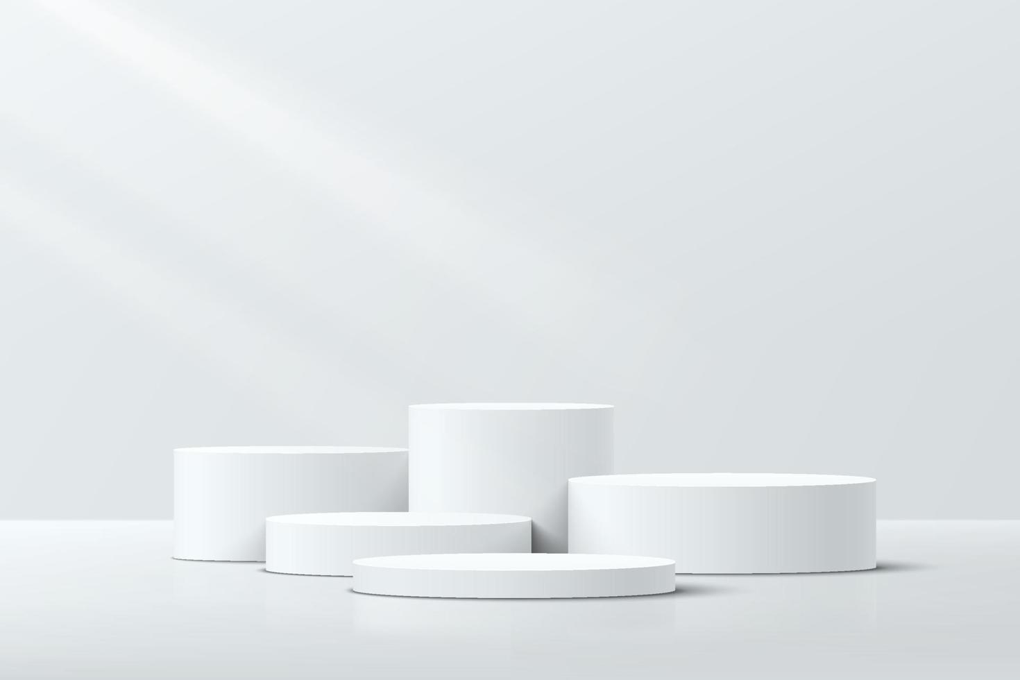 White realistic 3D cylinder steps pedestal podium set with shadow and lighting. Vector abstract studio room with geometric platform design. Gray minimal scene for products showcase, Promotion display.