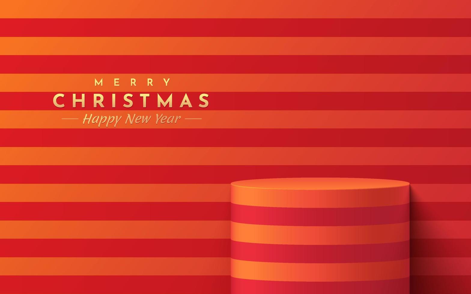 Podio de soporte de cilindro 3d realista rojo y naranja, escena de pared de rayas horizontales. sala de estudio abstracto de vector con diseño de plataforma. Escena mínima de feliz navidad para exhibición de promoción, escaparate.