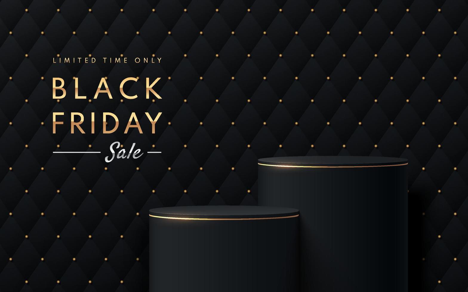 Black and Gold realistic 3D cylinder pedestal podium set with rhombus texture and golden dots. Vector abstract studio room. Black friday sale minimal scene for products showcase, Promotion display.