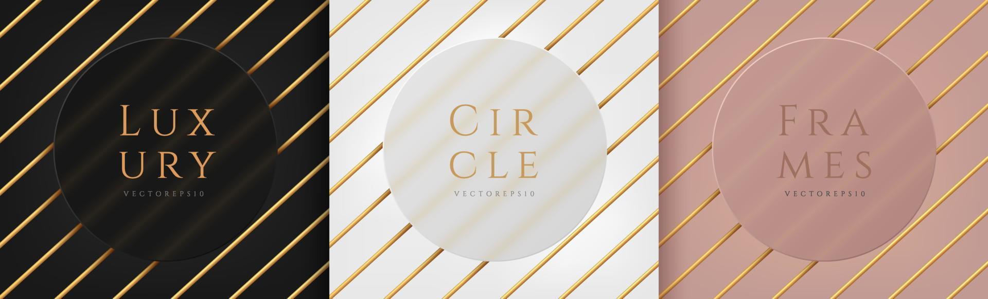 Set of white, rose gold, black circle frame with diagonal golden tube design. Abstract 3D backdrop for cosmetic product. Collection of luxury geometric background with copy space. Top view. Vector EPS