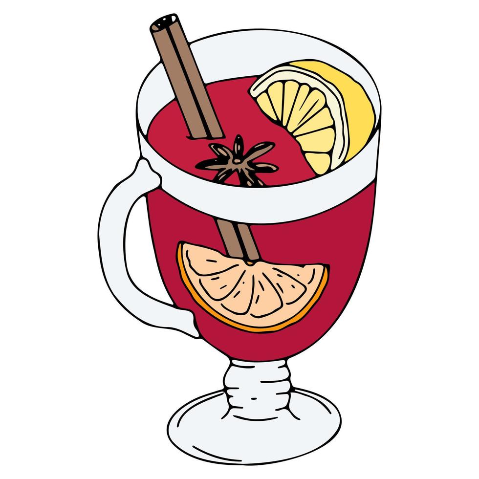 vino caliente en una taza. estilo de dibujo, dibujado a mano, ilustración plana vectorial, aislado en un fondo blanco. diseño para menú, banner, logo, icono, pegatina, blog web vector