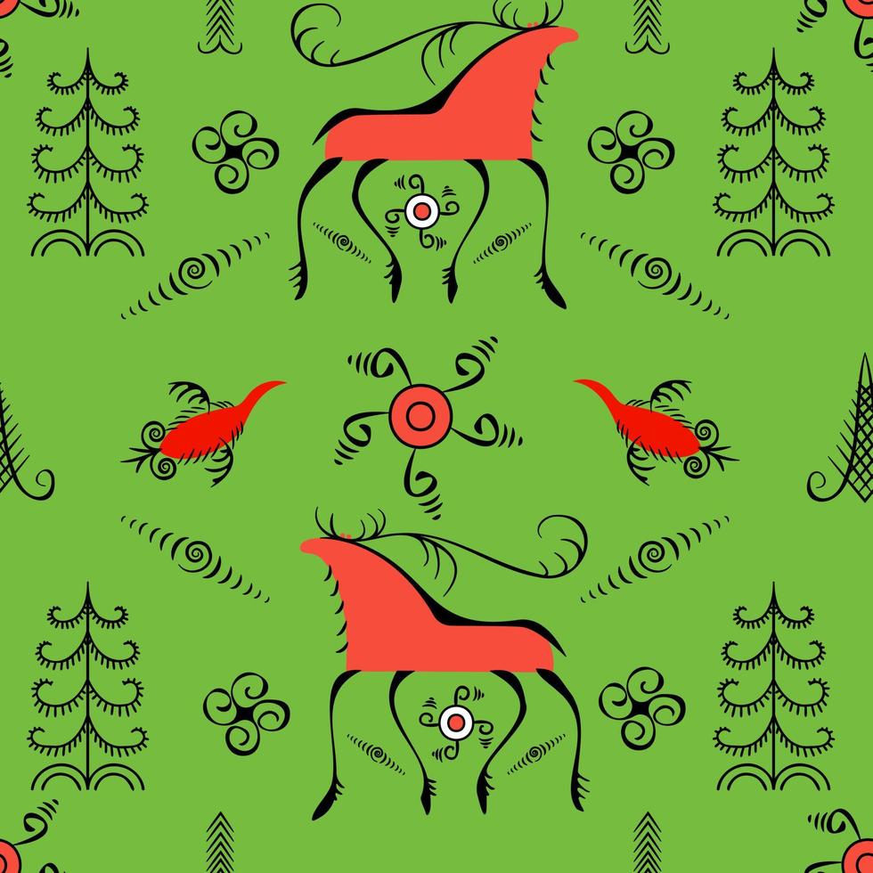 Vector seamless christmas pattern with deer and traditional folk patterns in the style of Mezen painting