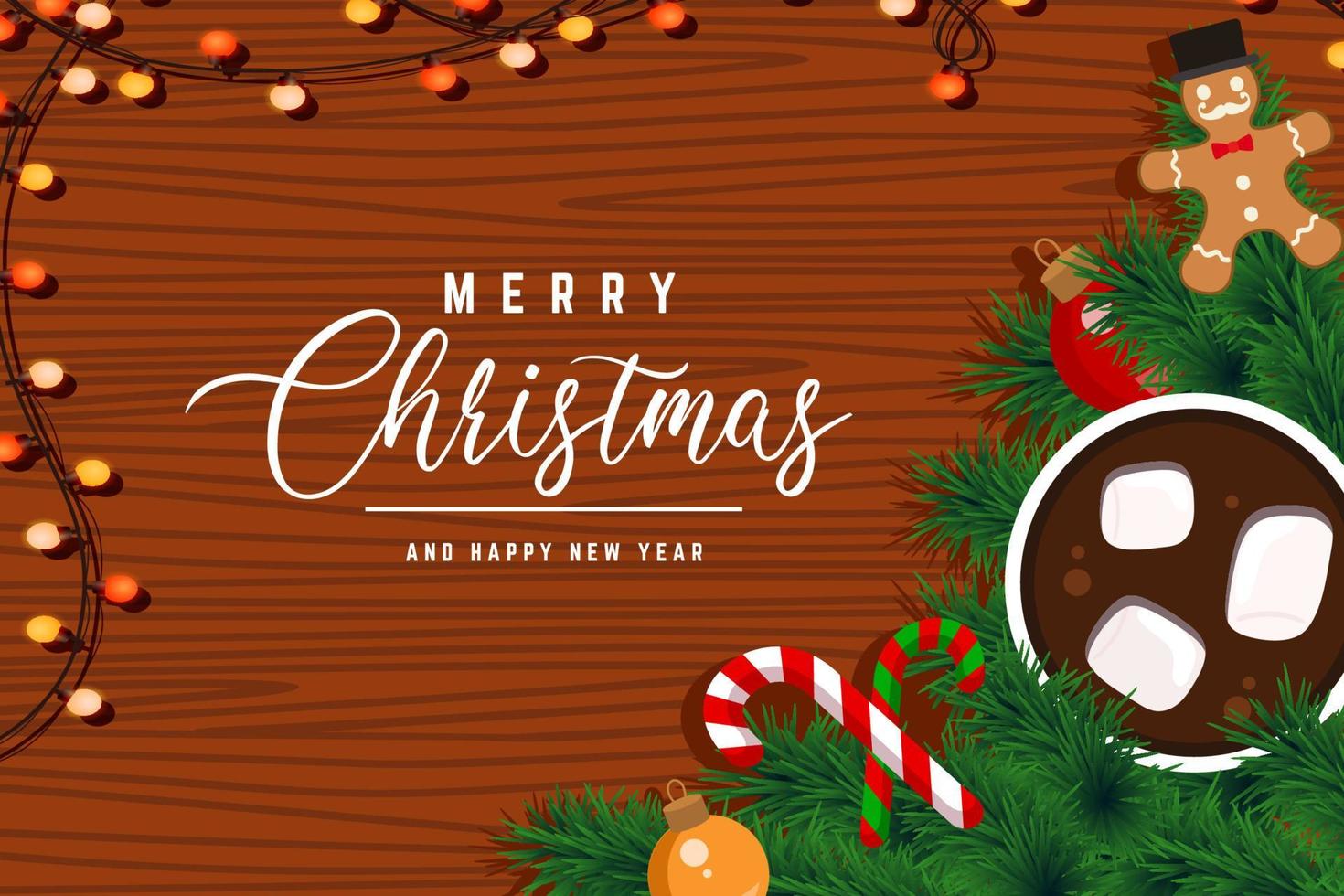 christmas food background with gingerbread, candy cane and hot chocolate vector
