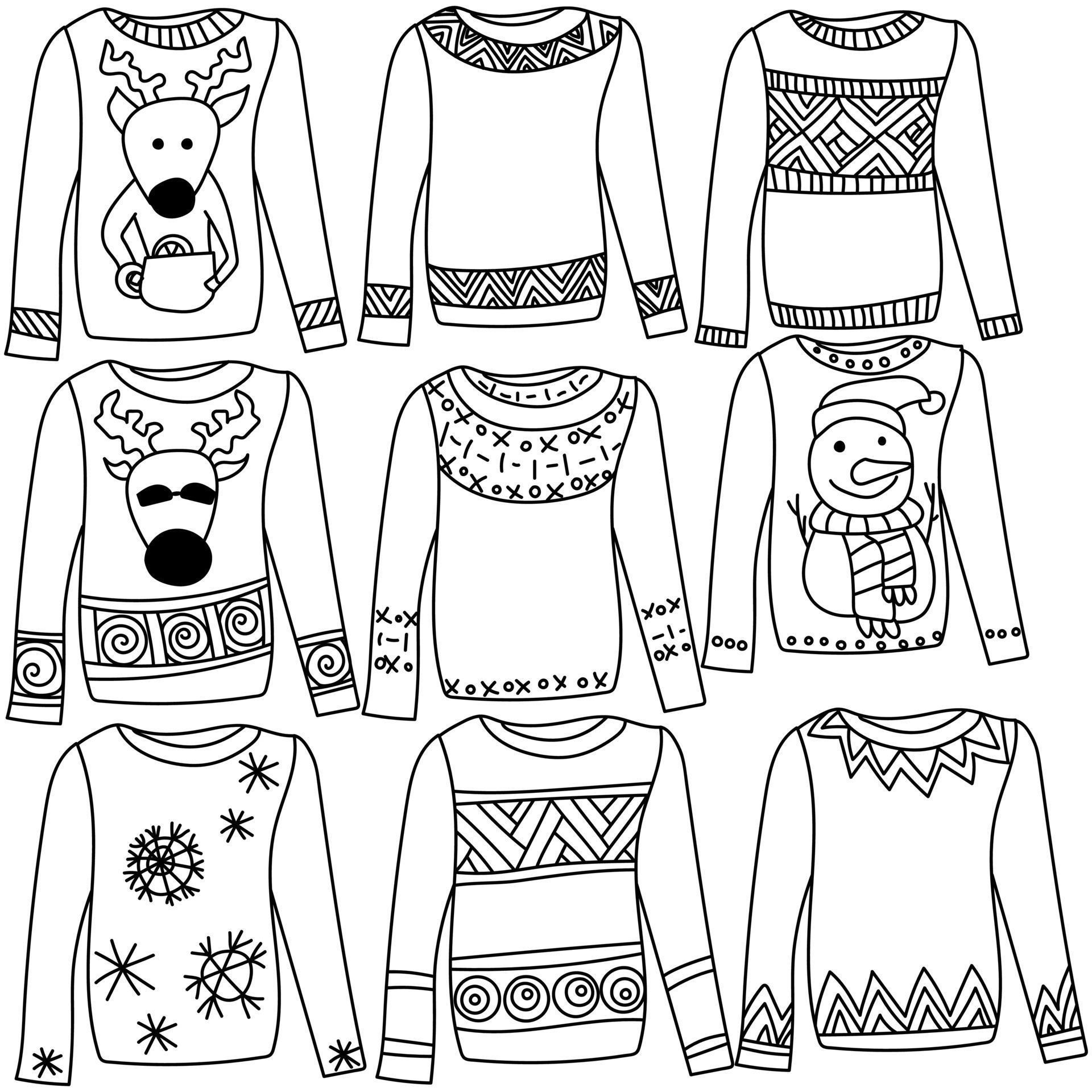 Set of cozy contoured doodle sweaters with patterns and drawings on a ...