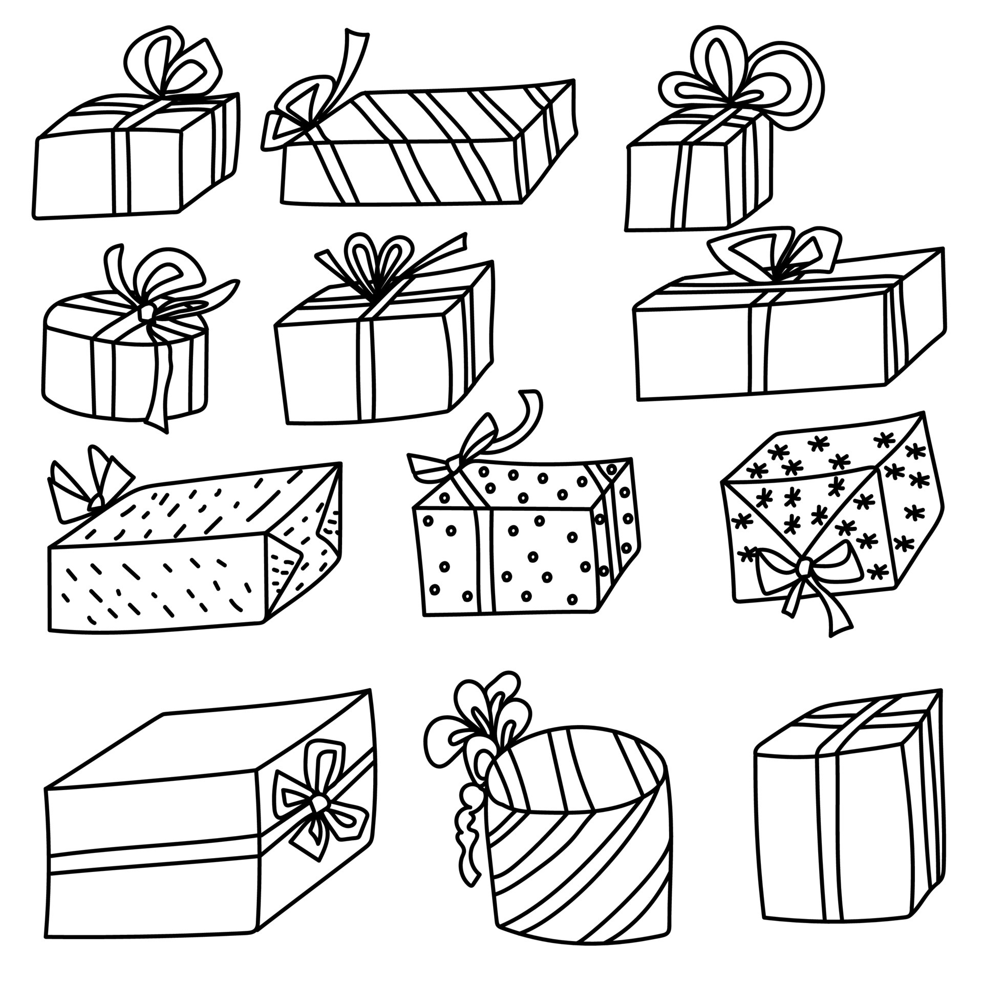 Box Coloring Page - Set Of Doodle Gift Boxes With Bows Of Various Shapes And Sizes Presents Coloring Page In Isometric Vector 