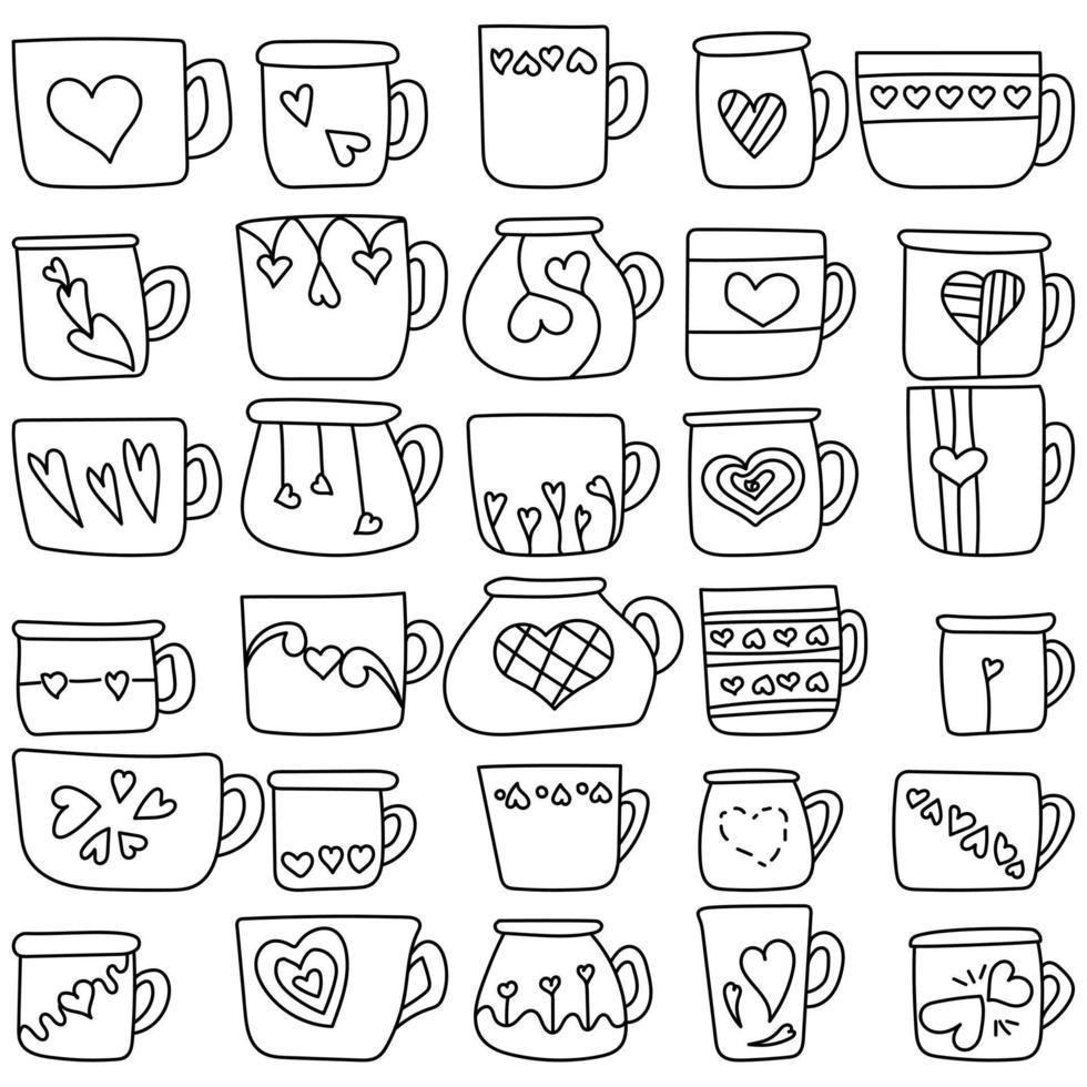 Set of contour doodle cups with hearts in different variations, cozy cups for Valentine's day, coloring page with cute drink mugs vector