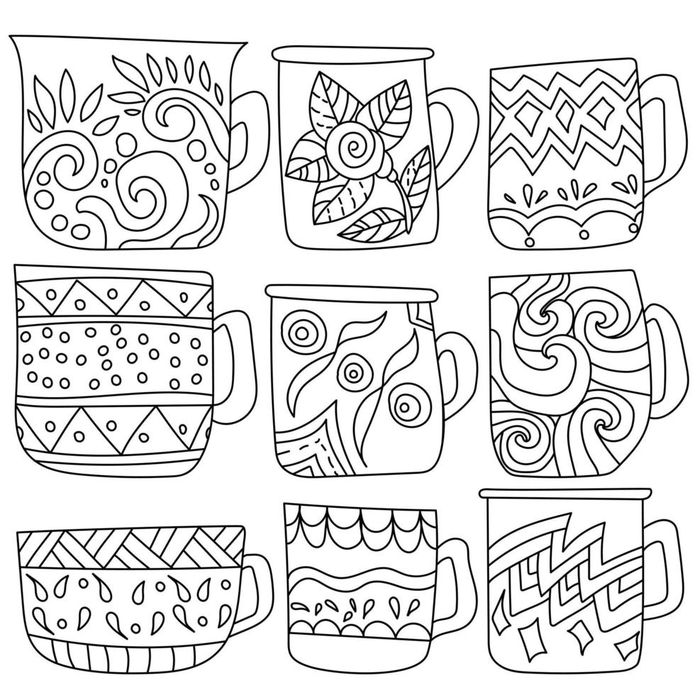 Set of contour cups with zen antistress patterns, lines and circles in  simple combinations on mugs, coloring page 4699691 Vector Art at Vecteezy