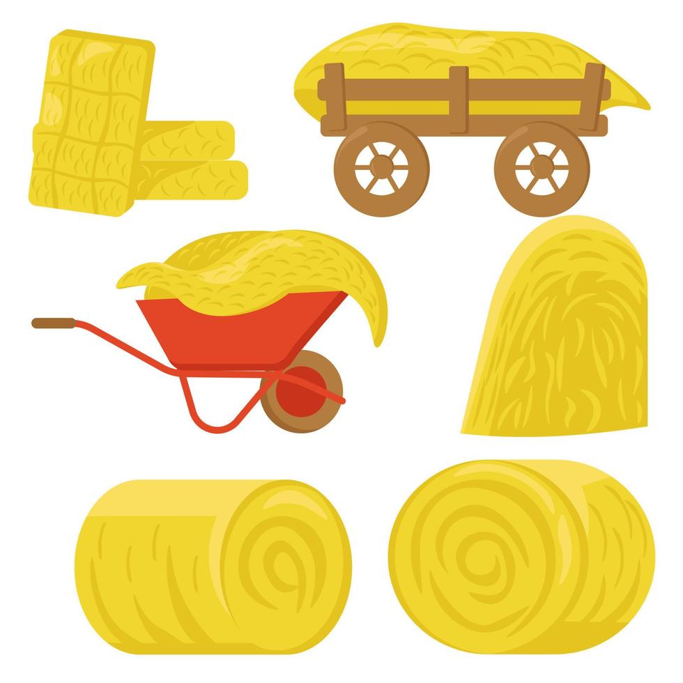 Hay in rolls, haystacks on various wheelbarrows and carts vector