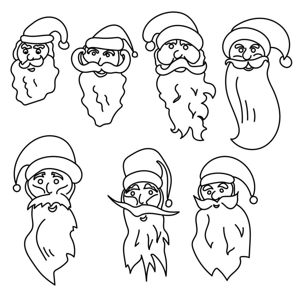 conjunto de caras de contorno de santa, carácter amable con barba y sombrero, página para colorear sobre un tema navideño vector